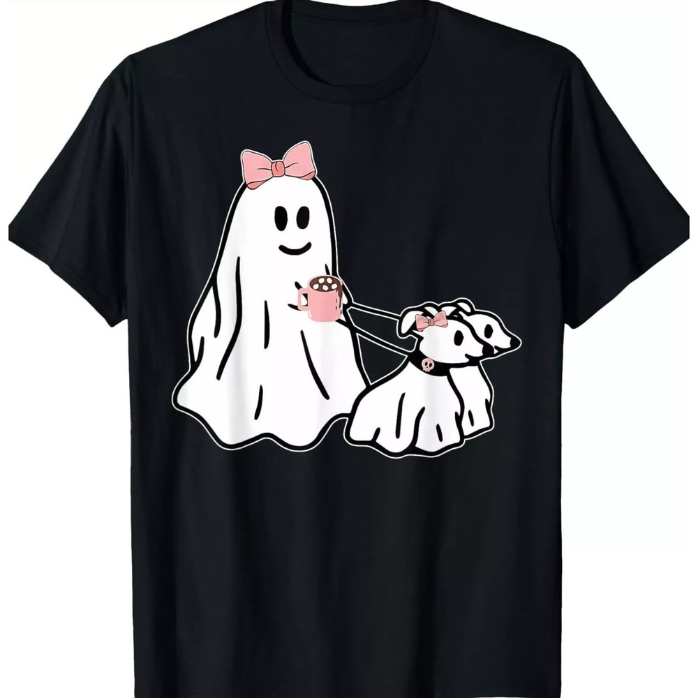 Funny Ghost Walking Dog Spooky Season Halloween Coquette Black T-Shirt - Picture 1 of 4